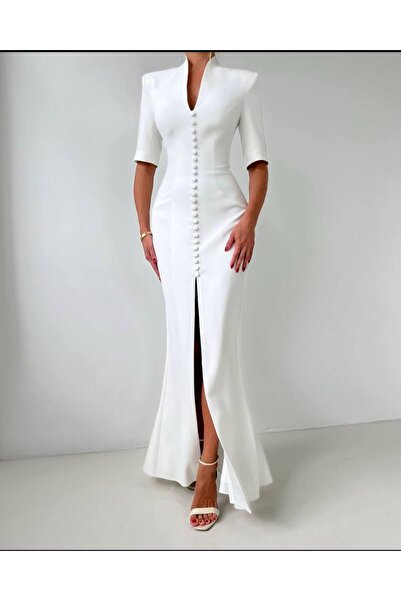 Julidress White Padded Full-Length Button Detailed V-Neck Slit Premium Maxi L...