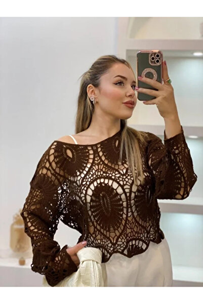 bysoca Women's Coffee Color Crochet Knit Patterned Openwork Transparent Long ...