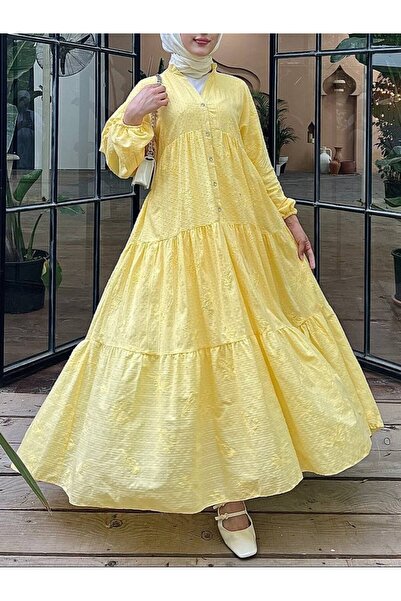 zem moda فستان إسلامي فضفاض متعدد الطبقات بأزرار - أصفر