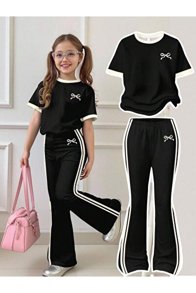 Keywest Children's Bowknot Printed T-Shirt with Stripes and Spanish Flared Pa...