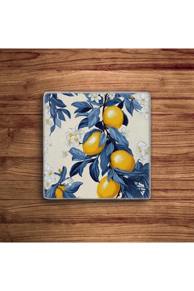 Baumatelier Lemon Patterned Italian Lemon Tile Natural Stone Travertine Coasters Set of 4