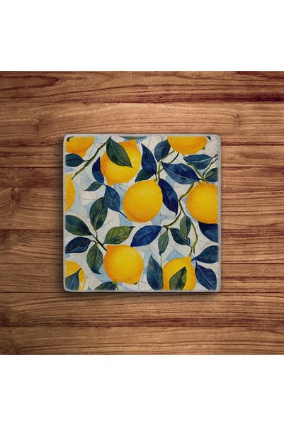 Baumatelier Lemon Patterned Italian Lemon Tile Natural Stone Travertine Coasters Set of 4