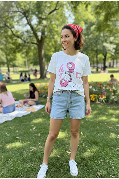 YusGos Tricou din bumbac cu imprimeu, cu decolteu rotund, din țesătură tip wa...