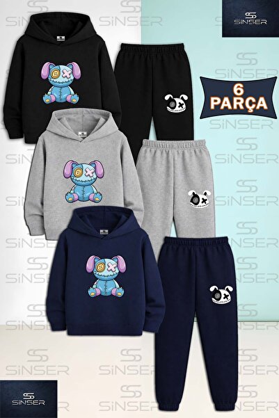 SS SİNSER Children's Unisex Teddy Bear Patched Blue Purple 3-Piece Hooded Tra...