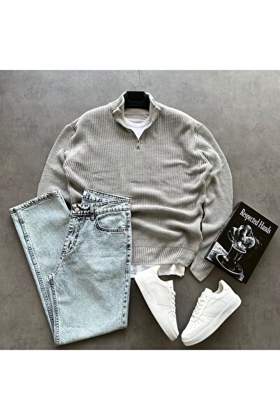 tetramoda سترة تريكو سيلانيك ذات ياقة مستقيمة ونصف سحاب وبنطلون جينز فضفاض، ط...