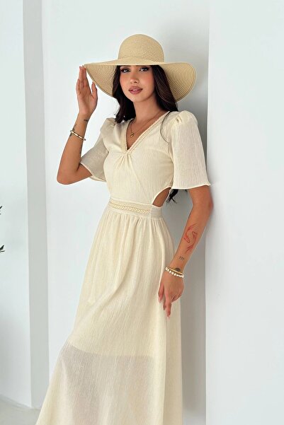 FASHION COCKTAIL Waist Window Detail V-Neck Slitless Breathable Muslin Crinkl...