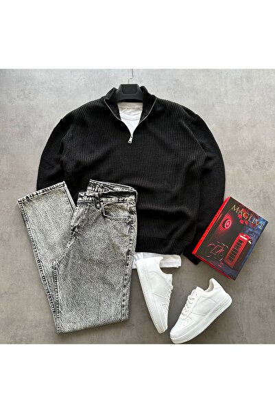 tetramoda Set de 2 piese: Pulover tricotat simplu cu guler înalt și fermoar p...