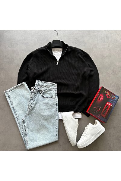 tetramoda سترة تريكو سيلانيك ذات ياقة مستقيمة ونصف سحاب وبنطلون جينز فضفاض، ط...