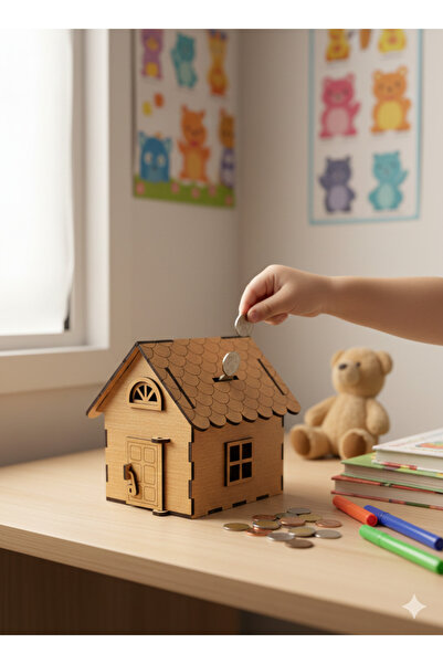 Simidil Design Ahşap Boyanabilir Işıklı Ev Kumbara - Çocuk Odası Dekoratif Ge...