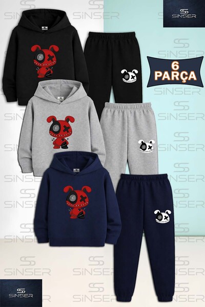 SS SİNSER Children's Unisex Bear Patched Red and Black 3-Piece Hooded Tracksu...