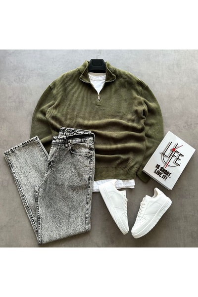 tetramoda Selanik Plain Knitted High-Neck Half-Zip Knitwear Sweater and Baggy...