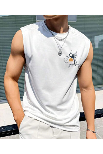 SUNFREE Geometric Palm Tree Printed Men's Zero Sleeve Sportswear Oversized T-...