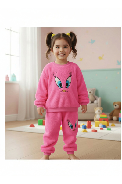 MAVİ BONCUKK Girl's Plush Tracksuit Set Top and Bottom 2-Piece Plush