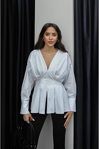 Havoş Beyaz V Yakalı Pilili Bluz