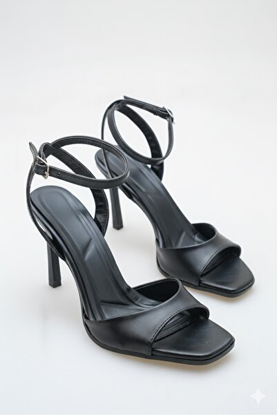 HVZ Exclusive Pantofi negri cu toc și vârf rotund pentru femei, cu curea la g...