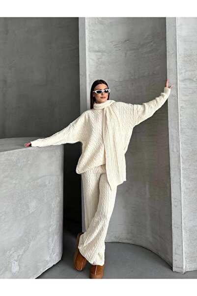 moda rouge Atkılı Saç Örgülü 3 lü Triko Pantolon Takım