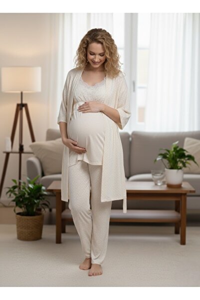 PREGNANT WORLD New Season Beige Linen Strap Maternity Dressing Gown with Easy...