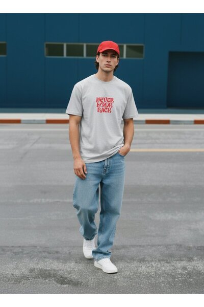 Ltb Short Sleeve Crew Neck Slogan Printed Gray T-Shirt