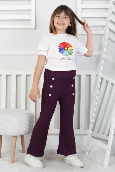 MAVİ BONCUKK Girl's Bow Patterned White Blouse and Button Detailed Spanish Fl...