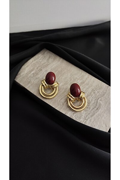 Desire Pirinç Gold Renk Bordo Taşlı Vintage Küpe