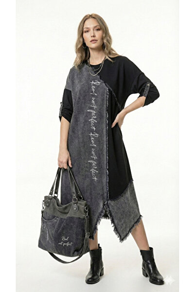 shE tekstil Rochie cu design garnit cu denim, croială largă, de calitate premium