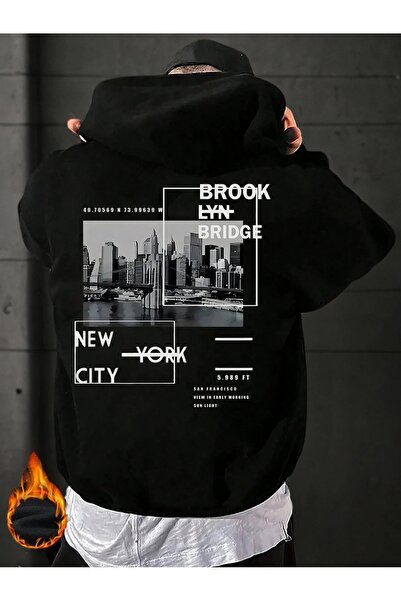 WESTİMO Men's Brooklyn Bridge Printed 3 Thread Oversize Hooded Hoodie Sweatshirt