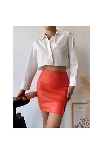 YMYWEAR Δερμάτινη φούστα με μονό σκίσιμο πίσω με φερμουάρ πορτοκαλί s24475