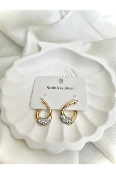 stainless steell أقراط من الفولاذ على شكل هلال مرصعة بالكريستال