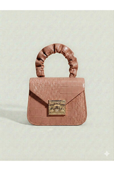Çanta Trend - Crocodile Patterned Mini Leather Bag with Drawstring Handle