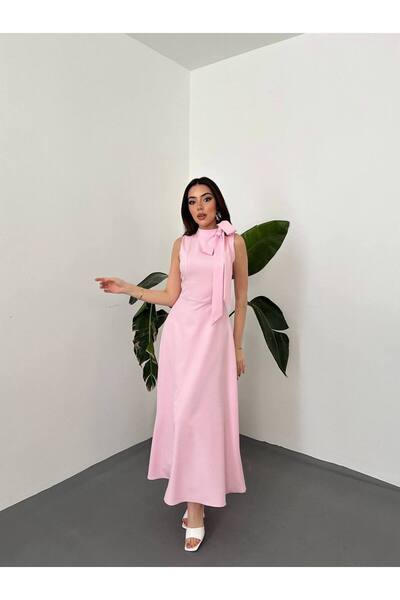 asyadabutik Women's Bow Detailed Zero Sleeve Long Dress