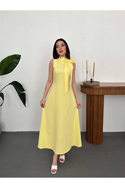 asyadabutik Women's Bow Detailed Zero Sleeve Long Dress