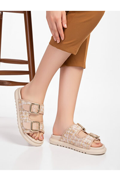 DUDYEN SHOES Μπεζ υφασμάτινες γυναικείες παντόφλες με διπλή πόρπη, άνετες και...