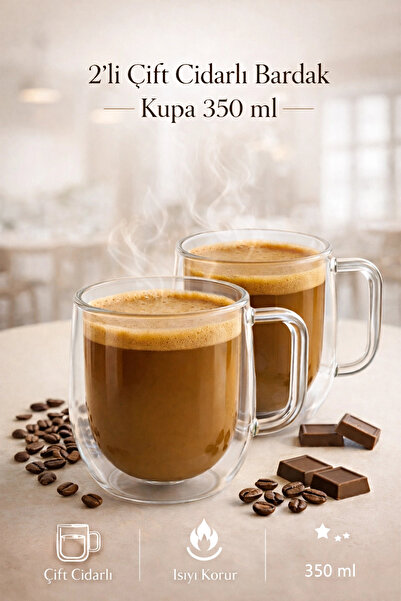 Tilbe Home 2’li Çift Cidarlı Cam Kupa 350 ml Isıyı Koruyan Şeffaf Espresso Ka...