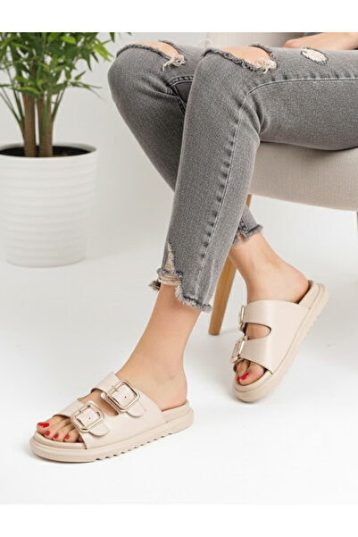 DUDYEN SHOES Екрю дамски чехли с двойна катарама, удобни