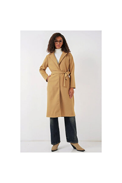 Moda Ebrar 9118 Double Breasted Lapel Cashmere Coat - Mustard
