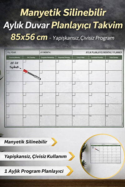 Hane Dostu Manyetik Silinebilir Aylık Duvar Planlayıcı Takvim 85×56 cm – Yapı...