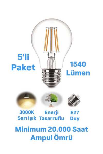 repplam 5'li Paket 12W-101W Rustik Led Ampul Sarı Işık 1540 Lümen E27 Duylu D...