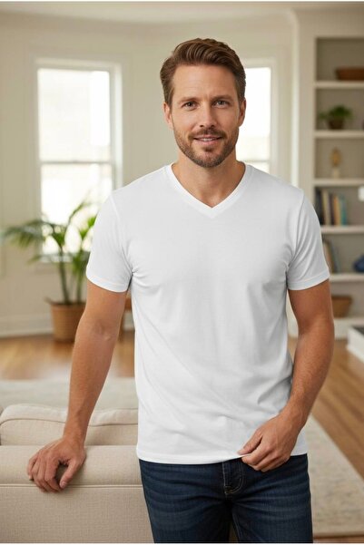LİMİSSİ Men's 100% Mercerized Cotton V-Neck Undershirt