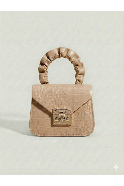 Çanta Trend - Crocodile Patterned Mini Leather Bag with Drawstring Handle