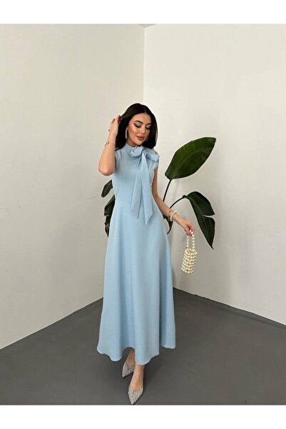 asyadabutik فستان نسائي طويل بدون أكمام مزين بفيونكة