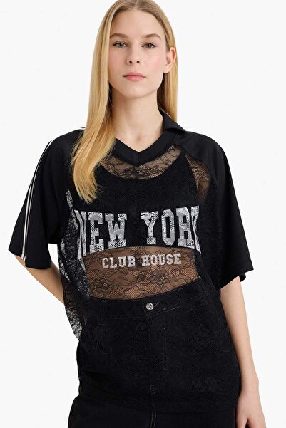 DeFacto Oversized Printed Lace T-Shirt G2342Ax26Sp