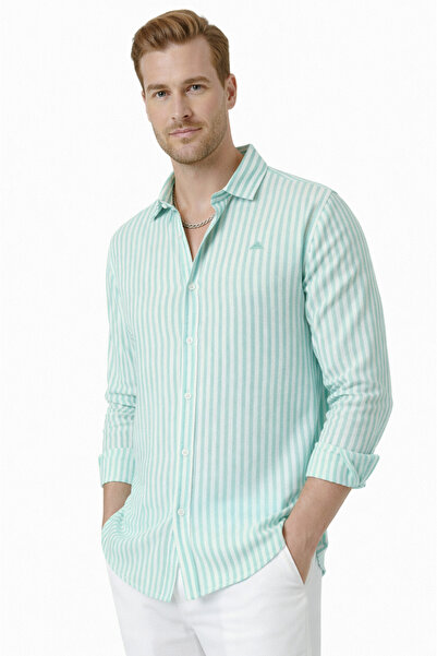 Rizz up Green Slim Fit Striped 100% Cotton Men's Shirt – Breathable Stylish C...