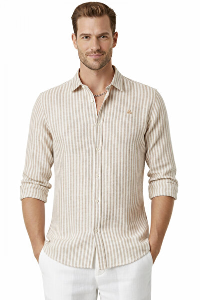 Rizz up Beige Slim Fit Striped 100% Cotton Men's Shirt – Breathable Stylish C...