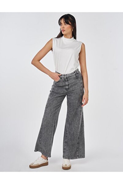 Kayra Washable Denim Trousers with Stitching Detail in Gray