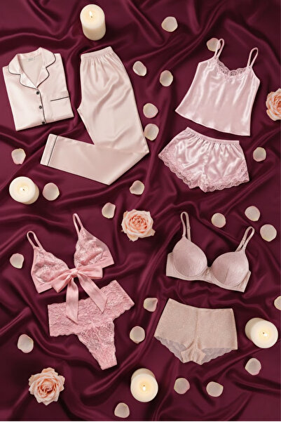 ZENCHES Kadın Kutulu 8’li Çeyiz Seti Pembe-Pijama Takımı,Şortlu Gecelik Takım...