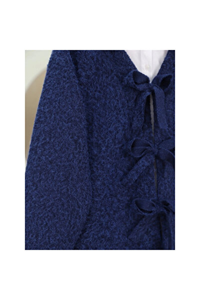 MissRunin Front tied striped cashmere jacket - navy