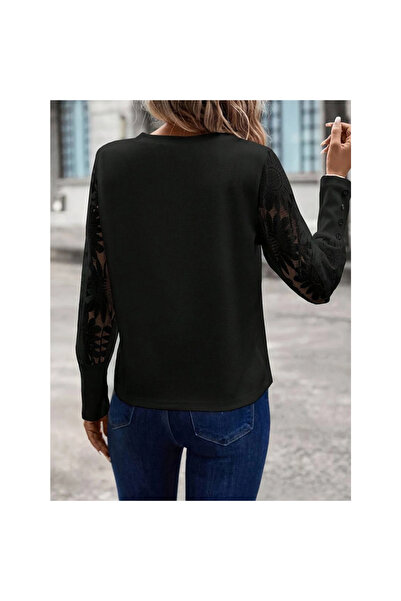 ARONA    Women's Long Sleeve Crew Neck Sleeves Floral Waffle Blouse