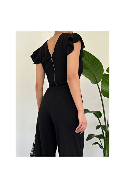 ZORM Fermuar Detaylı Fırfırlı Tulum -Siyah