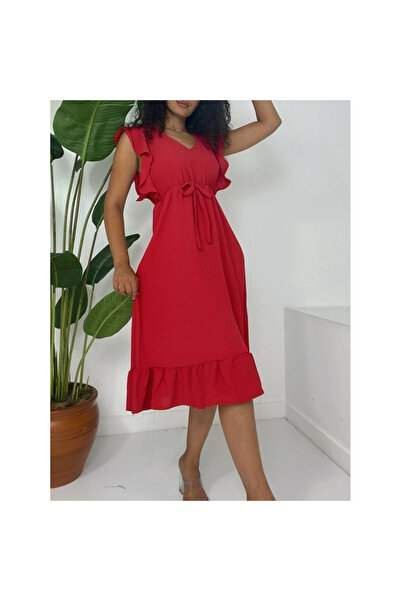 ZORM كتف مكشكش، خصر مرن، فستان أيروبين بطول متوسط بدون أكمام