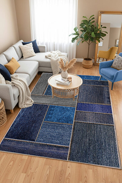 GECE MODA DENİM DESENLİ DİJİTAL BASKILI MAVİ Kaymaz Taban Yıkanabilir Mutfak ...